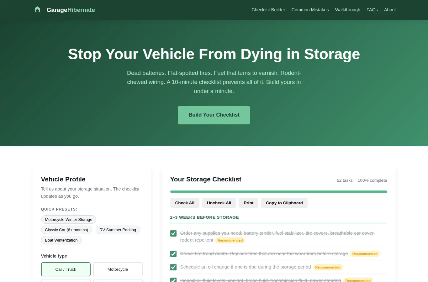 Screenshot of GarageHibernate: Seasonal Vehicle Storage Prep Guide interface showing the project page in use